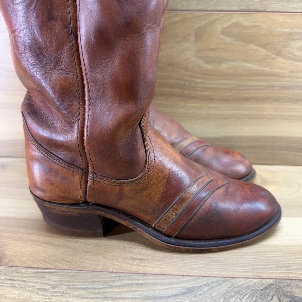 Miss Capezio Vintage Tall Western Boots 6 M Whiskey Cognac Chevron Boho Festival
